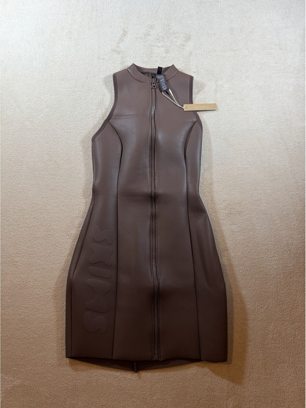 SKIMS XXS NWT Rubberized Scuba Swim Mock Neck Dress Cocoa Brown Zip Front